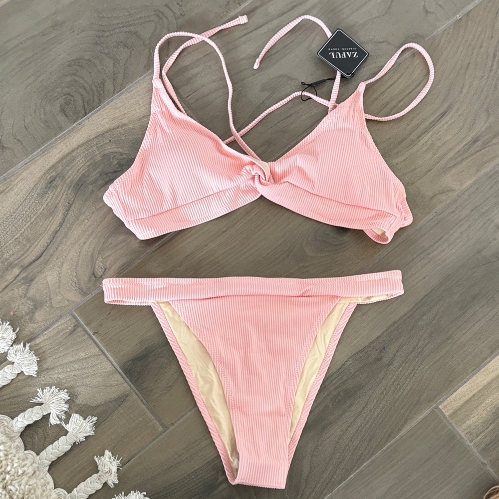 Zaful Light Pink Ribbed Bikini Set